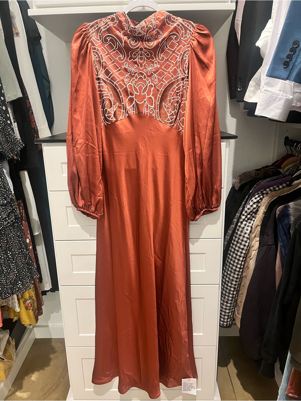 Topshop Rust Orange Long Sleeve Embroidered Yoke Maxi Dress